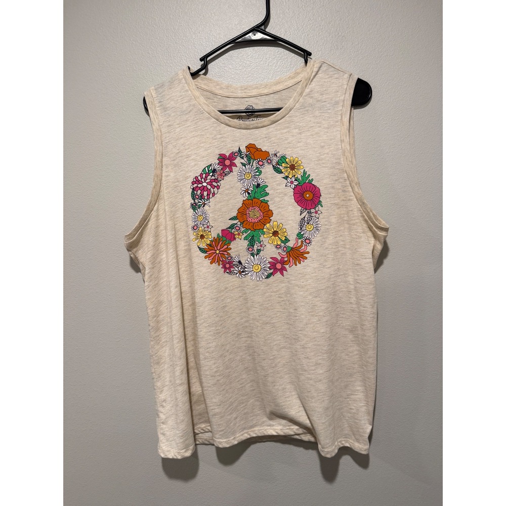 PositiviTees Women XXL Oatmeal Heather Floral Peace Sign Graphic Tank Top